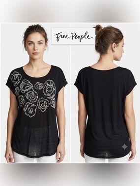 Free People Black Mesh Floral Stitch Overlay Top Extra Small